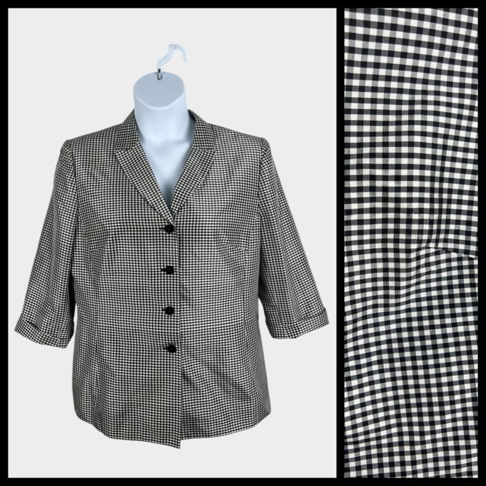 Le‎ Suit Black White Gingham Silk Blazer 3/4 Sleeve Size 16 1X Vintage Classic